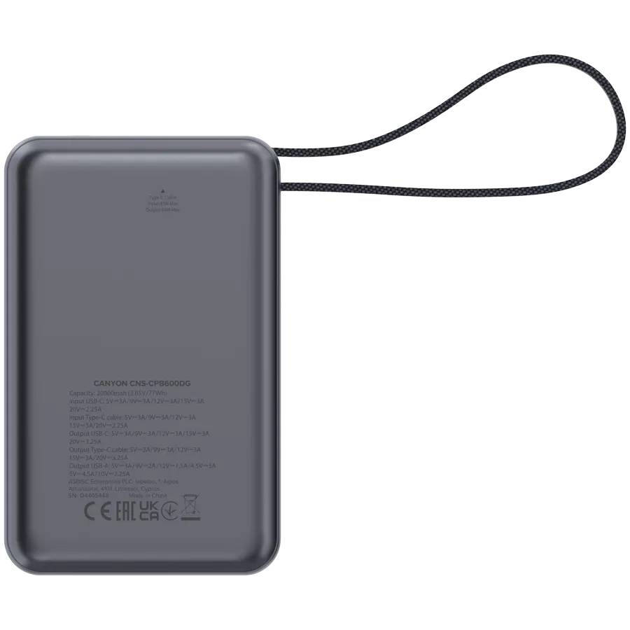 Prijenosni baterijski punjač Canyon OnPower 600 built-in cable 20000 mAh PD65W USB-A (Ž) / USB-C (Ž) - tamno siva